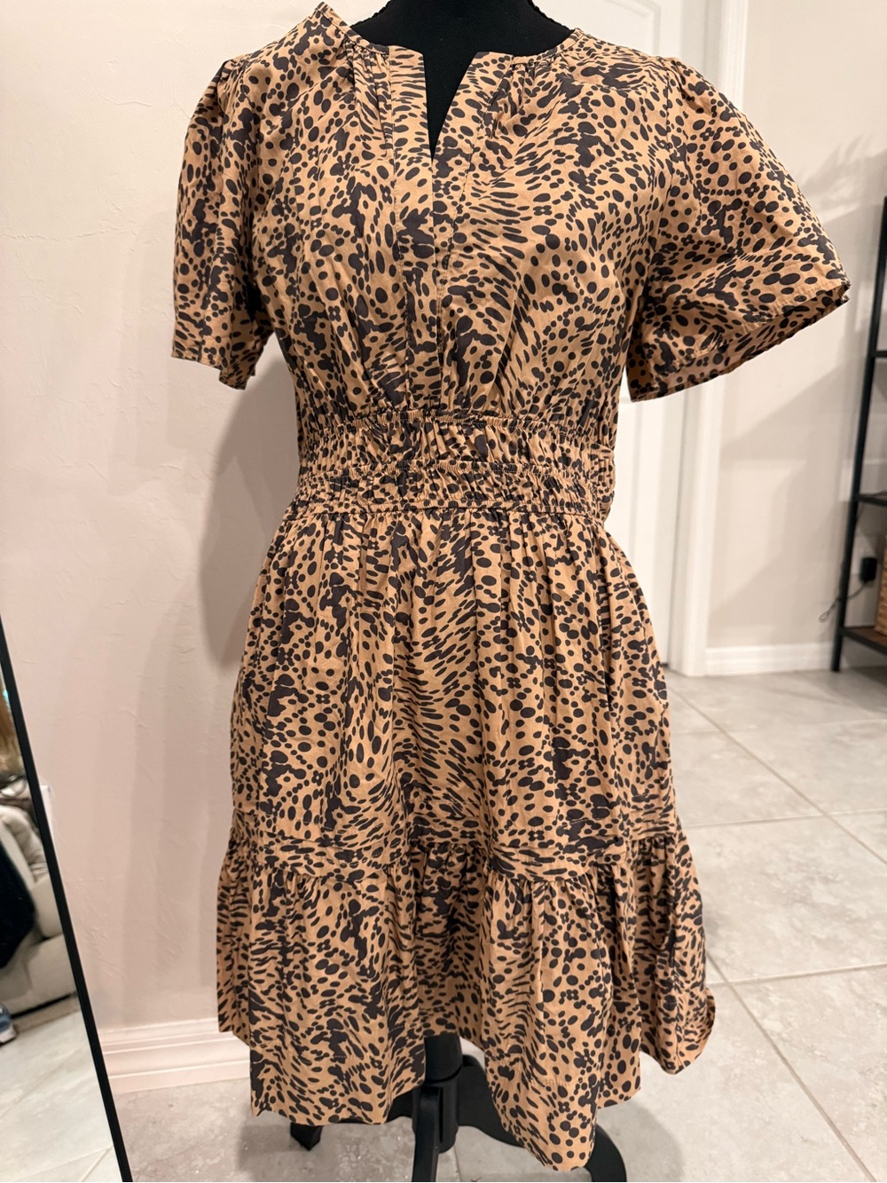 Anthropologie Tan and Black Animal Print Smocked Waist Mini Dress